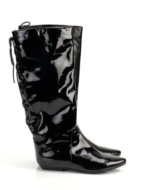 NYC Designer HANDMADE Black Genuine Patent Leather Riding Flat Boots Sz 9 fit 8